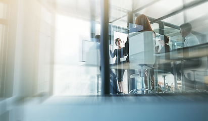 Image showing Mentor, woman coaching or business people in presentation for sales report or financial analysis in training. Office blur, leadership or female manager planning vision in a meeting on screen monitor