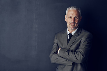 Image showing Smile, confidence and portrait of lawyer in mockup, arms crossed and smile on dark background in studio space. Boss, ceo and happy attorney with happy professional career, senior law firm executive.