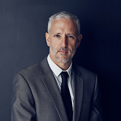 Image showing Studio portrait of mature businessman, lawyer or attorney with serious face on dark background. Boss, ceo and professional business owner, senior director with executive management job at law firm.