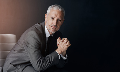 Image showing Mockup, chair and portrait of businessman, lawyer or attorney, confidence on dark background and studio space. Boss, ceo and professional business owner, proud senior executive director at law firm.