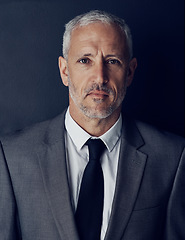 Image showing Portrait, management and mindset with a man CEO in studio on a dark background for leadership. Face, manager and corporate boss with a senior business man looking serious about his company mission