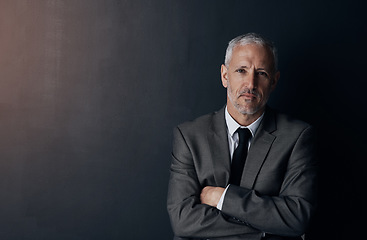 Image showing Portrait, serious and businessman with mockup, confident lawyer or attorney on dark studio background. Boss, ceo and professional business owner, proud senior director at law firm with arms crossed.