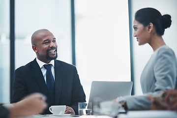 Image showing Discussion, business meeting and team working in the office boardroom for project together. Teamwork, brainstorming and professional employees in partnership planning corporate research in workplace.