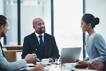 Image showing Discussion, collaboration and business people in a meeting in the office boardroom for a project. Teamwork, partnership and group of professional employees working on corporate research in workplace.