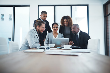 Image showing Business people, brainstorming and team with a laptop, meeting and profit growth with traders, budget or share ideas. Group, men or women with a pc, collaboration or teamwork with investment or trade