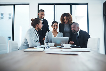 Image showing Business people, group and staff with a laptop, meeting or financial planning with stock market, search internet or budget. Staff, men or women with a pc, teamwork or investment with fintech or goals