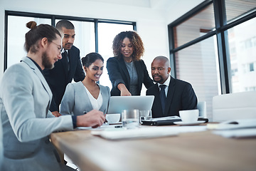 Image showing Business people, staff or teamwork with a laptop, meeting or cooperation for profit growth, investment or goals. Coworkers, trade or group with a pc, finance or plans with stock market or partnership