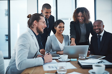 Image showing Business people, teamwork and staff with a laptop, meeting and success with profit growth, planning and project. Staff, men and women with a pc, budget or investment with cooperation or collaboration