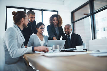 Image showing Business people, invest and teamwork with a laptop, meeting and cooperation with a project, trade or planning. Staff, group or coworkers with a pc, discussion or budget with profit growth and talking