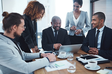 Image showing Discussion office and business people in meeting with laptop for planning, marketing strategy and collaboration. Corporate, teamwork and men and women working on report, group project and proposal