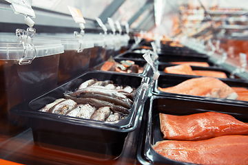 Image showing Fish and seafood stall in a market