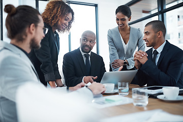 Image showing Meeting, talking and business people planning with laptop for brainstorming idea, finance review and collaboration. Corporate, teamwork and men and women working on report, group project and proposal