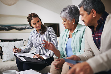 Image showing Meeting, senior couple and financial advisor or woman for asset management, retirement planning and finance advice. Elderly man, partner and agent discussion of pension, home policy or life insurance