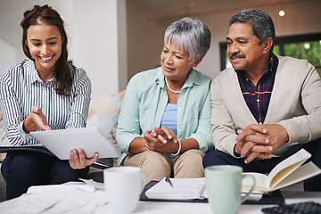 Image showing Financial advisor, senior people and tablet asset management, retirement planning and finance advice. Elderly couple, woman and home meeting, digital information or show pension, budget or investment