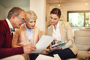 Image showing Senior couple, financial advisor and documents for budget, expense or retirement plan on living room sofa at home. Elderly man and woman in finance discussion with consultant, lawyer or paperwork