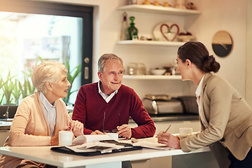 Image showing Senior couple, financial advisor and documents for bills, budget or retirement plan in expenses at home. Elderly man and woman in finance discussion with consultant or lawyer for paperwork or loan