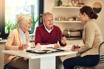 Image showing Senior couple, financial advisor and documents for retirement plan, budget or expenses and bills at home. Elderly man and woman in finance discussion with consultant or lawyer for paperwork or loan