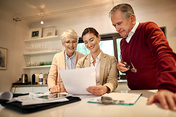 Image showing Senior couple, financial advisor and documents for investment, budget or retirement plan at home. Elderly man and woman in finance discussion with consultant or lawyer for paperwork, loan or planning