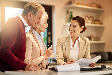 Image showing Senior couple, lawyer and paperwork in discussion for budget or retirement plan at home. Happy elderly man and woman with consultant or financial advisor and documents for investment planning or loan