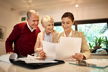 Image showing Senior couple, lawyer and documents for retirement finance, bills or investment at home. Happy elderly man and woman in finance discussion with consultant or financial advisor for paperwork or loan
