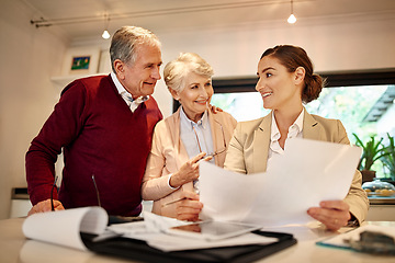 Image showing Senior couple, financial advisor and paperwork in discussion for budget or retirement plan at home. Happy elderly man and woman with consultant or lawyer and documents for investment planning or loan