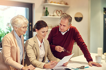 Image showing Senior couple, accountant and documents in finance, budget or agreement for consultation at home. Happy elderly man and woman with consultant or lawyer for financial planning, paperwork or investment