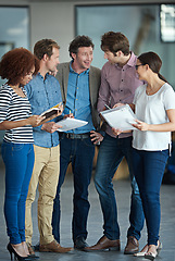 Image showing Team planning, talking or business people with ideas in meeting for brainstorming together in office. Diversity, digital or IT employees networking with technology, notes or documents in workplace