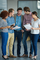 Image showing Team planning, discussion or developers with ideas in meeting for brainstorming as a group in office. Diversity, people or programmers networking with technology, notes or documents in workplace