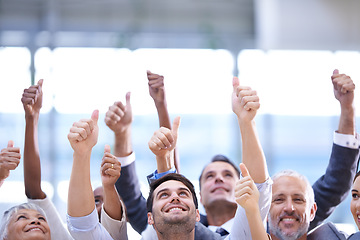Image showing Hands, portrait and business people with thumbs up for teamwork, success and happy. Group, like gesture and employees with emoji for agreement, excellence and thank you for vote, review and support.