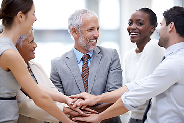 Image showing Business people, portrait and hands together for teamwork, cooperation and solidarity. Group, excited and community huddle of employees for support, mission and collaboration for goals in partnership