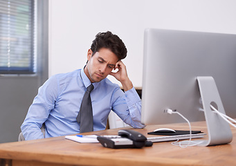 Image showing Stress, business man and frustrated with sad problem and corporate bankruptcy in office. Anxiety, lawyer deadline and burnout of a male professional with workplace fail feeling depressed at a desk