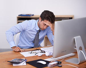 Image showing Tired, business man and headache with law paperwork from corporate career in office. Anxiety, lawyer deadline and burnout of a male professional with notes, contracts and report with fatigue