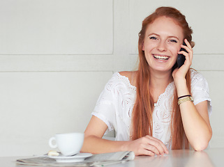 Image showing Coffee shop, portrait and happy woman with phone call, relax and enjoy conversation on wall background. Cafe, smartphone and face of female person speaking while on her day off, weekend or tea break