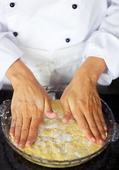 Image showing Baker, hands and press pie dough for dessert, cake or meringue in kitchen job for fine dining. Person, cooking and professional pastry chef in cafe, coffee shop and small business for sweet food