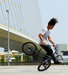 Image showing Boy, action and city with bicycle with trick or training with concrete for transportation. Cycling, outdoor and bmx with male hipster for fun and hobby with bridge and action for balance with stunt.