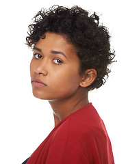 Image showing Young woman, sad face and bored in a studio of a female teenager with white background. Disappointed, Indian teen person and youth portrait feeling serious, upset girl and unhappy with beauty alone