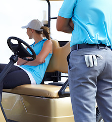 Image showing Golf cart, sports or golfers on course for fitness, workout or exercise with teamwork in collaboration. Woman driver, man golfing or closeup of athletes training in game practice together in vehicle