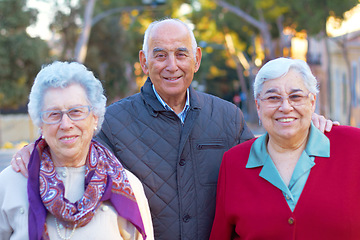 Image showing Senior people, portrait and friends outdoor with a smile, happiness and care for family. Elderly women and an old man together for love, retirement and quality time for bonding, fun and wellness