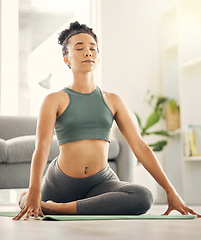 Image showing Yoga, breathing and woman doing a stretching exercise for mobility, flexibility and wellness. Health, meditation and young female person doing pilates workout in living room of her home or apartment.