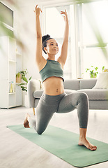 Image showing Yoga, lunge and woman at home with zen, relax and leg stretching for health in a living room. Young female person, apartment and lounge with pilates and flexibility exercise in house feeling calm