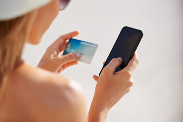 Image showing Credit card, phone screen and mockup with woman on beach for online shopping, payment and fintech. Relax, summer and vacation with hands of female customer for ecommerce, travel deal and finance