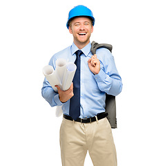 Image showing Architecture, blueprint and funny with portrait of man in studio for engineering, designer and building, Graphics, floor plan and construction with male contractor on white background for inspection