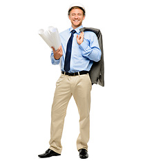 Image showing Architecture, blueprint and builder with portrait of man in studio for engineering, designer or building, Graphics, floor plan and construction with male contractor on white background for inspection