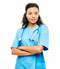 Image showing Nurse portrait, woman and arms crossed with a smile from healthcare and wellness career in studio. Young female employee, nursing worker and white background and feeling proud and confident from job