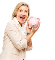 Image showing Happy woman, surprise and piggy bank for money savings or investment isolated on a white studio background. Portrait of female person with piggybank for coins, budget finance or cash on mockup space