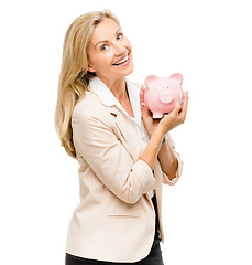 Image showing Happy woman, portrait and piggy bank for money investment, savings or loan isolated on a white studio background. Excited female person and piggybank for coins, budget finance or cash on mockup space