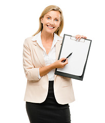 Image showing Business woman, portrait and clipboard for registration, sign up or application isolated on a white studio background. Female person with pen, paperwork and form for contract, signature or document