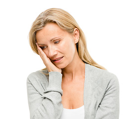 Image showing Stress, thinking and mature woman in studio with anxiety, worry and mental health crisis against white background. Depression, fear and scared female confused with mistake, headache or disaster fail
