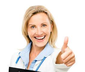 Image showing Happy woman, portrait and doctor with thumbs up for good job isolated on a white studio background. Female person, medical or healthcare professional with thumb emoji, yes sign or like for approval