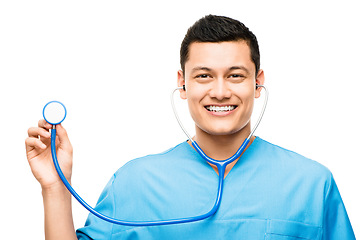 Image showing Stethoscope, man and portrait of a doctor in a studio for a medical consultation with confidence. Happy, smile and professional young male healthcare worker or nurse isolated by a white background.